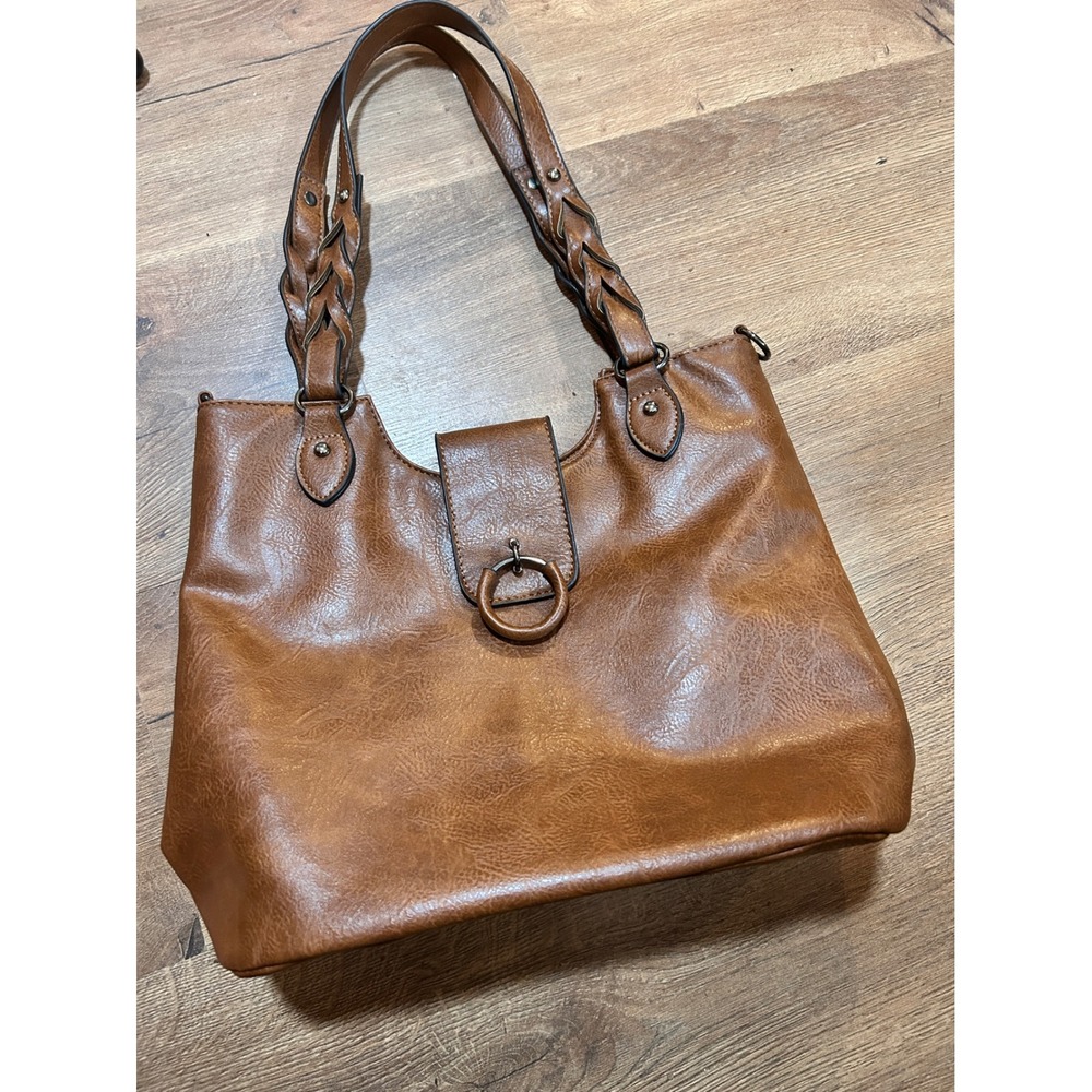 Sam & Hadley‎ Brown Faux Leather Tote Bag Braided Straps Buckle Detail Cognac